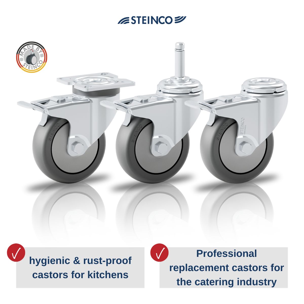 Replacement castors for stainless steel kitchen furniture and trolleys for the food industry, large kitchens, industrial kitchens, catering and canteens.
